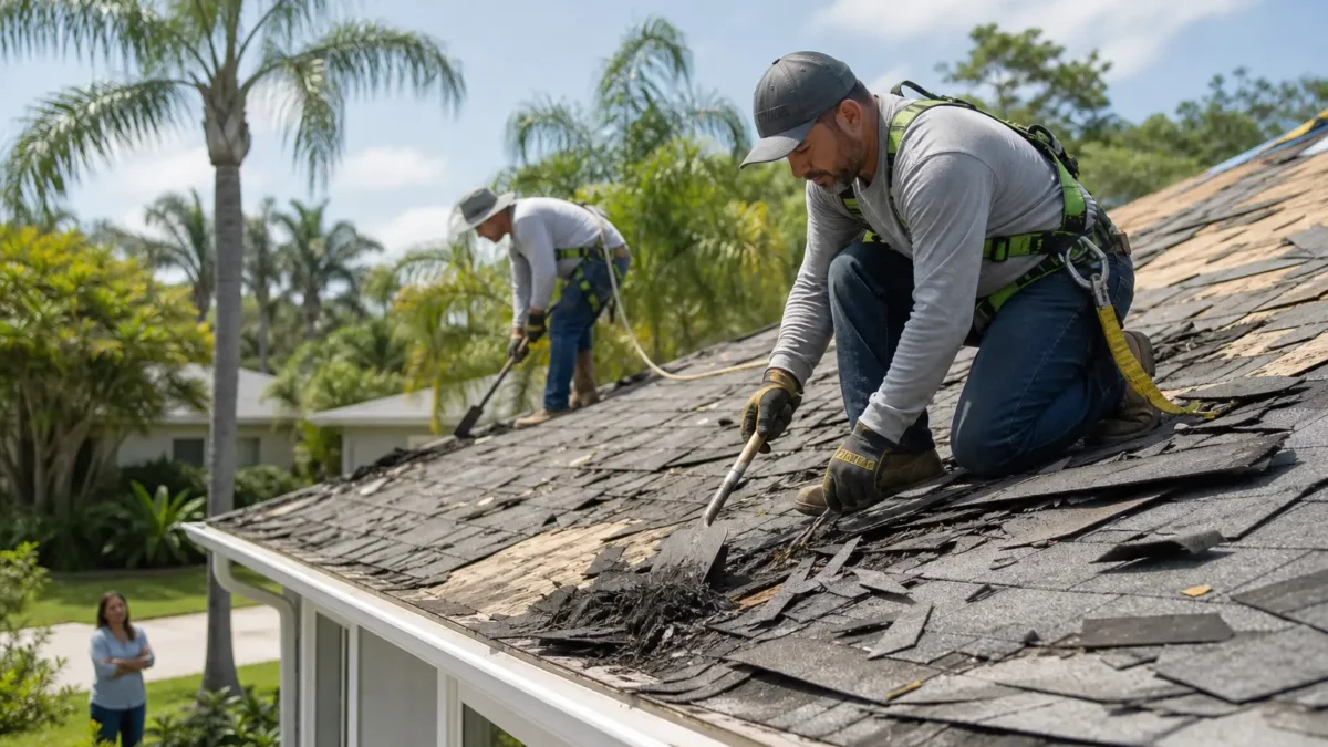 Two roofing professionals removing old shingles from a residential roof in Tampa with tropical trees in the background