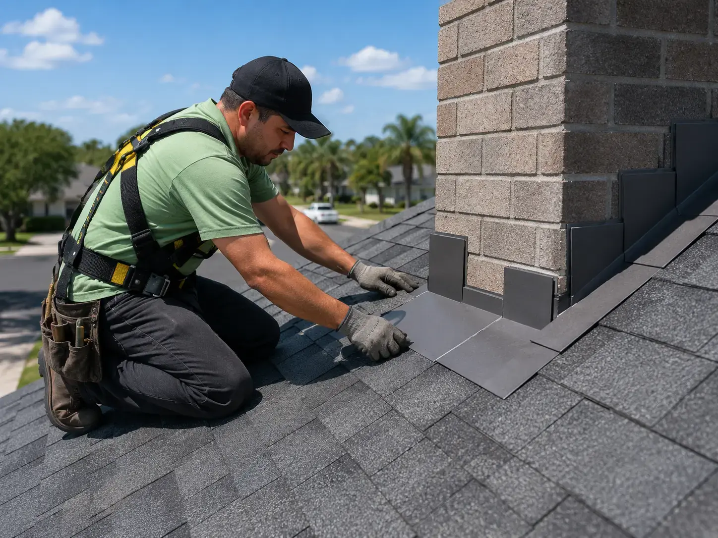 Roofing technician installing metal flashing around chimney on shingled roof on sunny day in residential area
