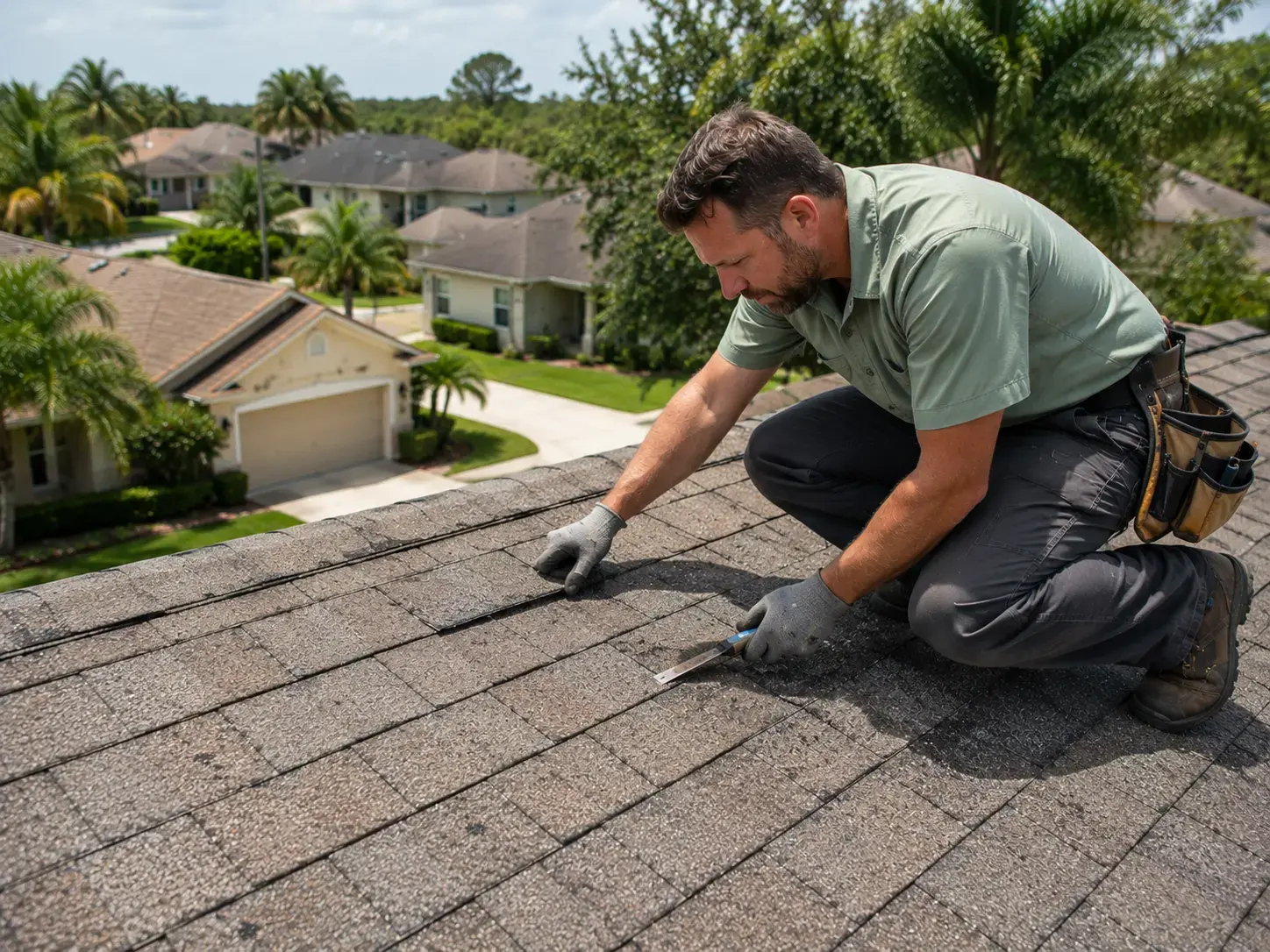Roofer inspecting and repairing shingle damage on a residential roof in a Tampa neighborhood