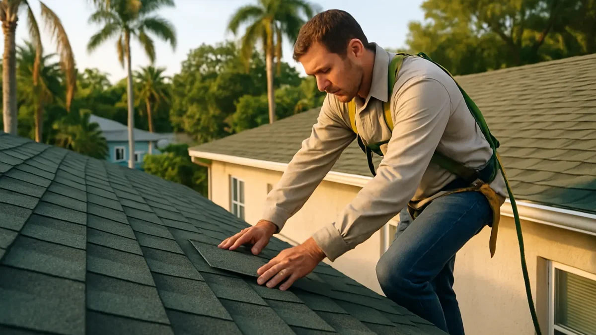 man wearing harness fitting asphalt shingles on a roof with palm trees in the background