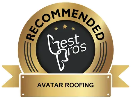 Gold badge with three stars and best pros logo, labeled Recommended for Avatar Roofing