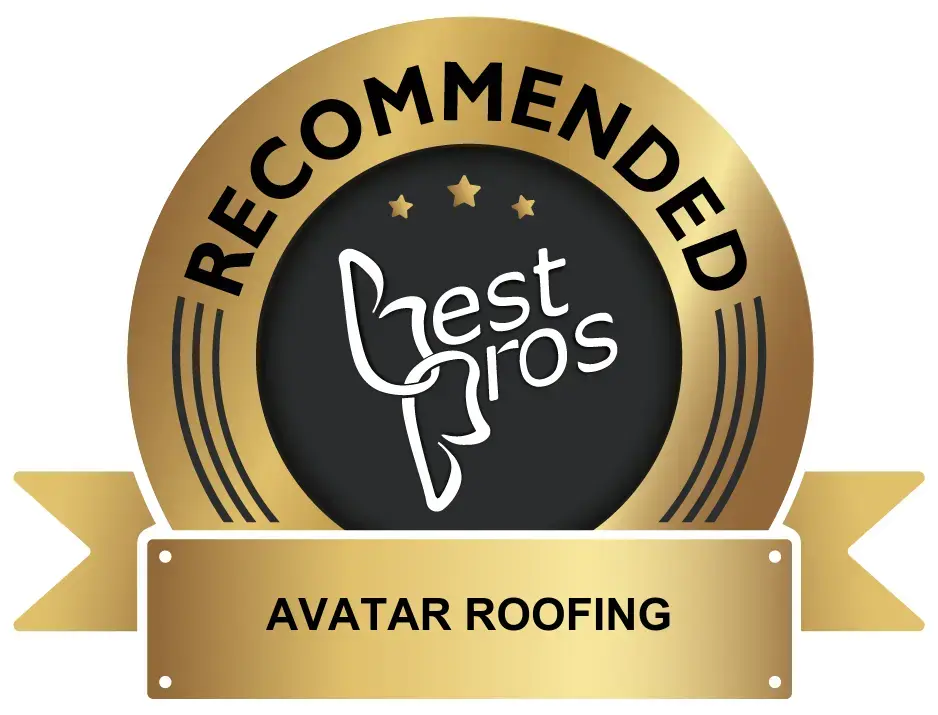 Gold badge with three stars and best pros logo, labeled Recommended for Avatar Roofing