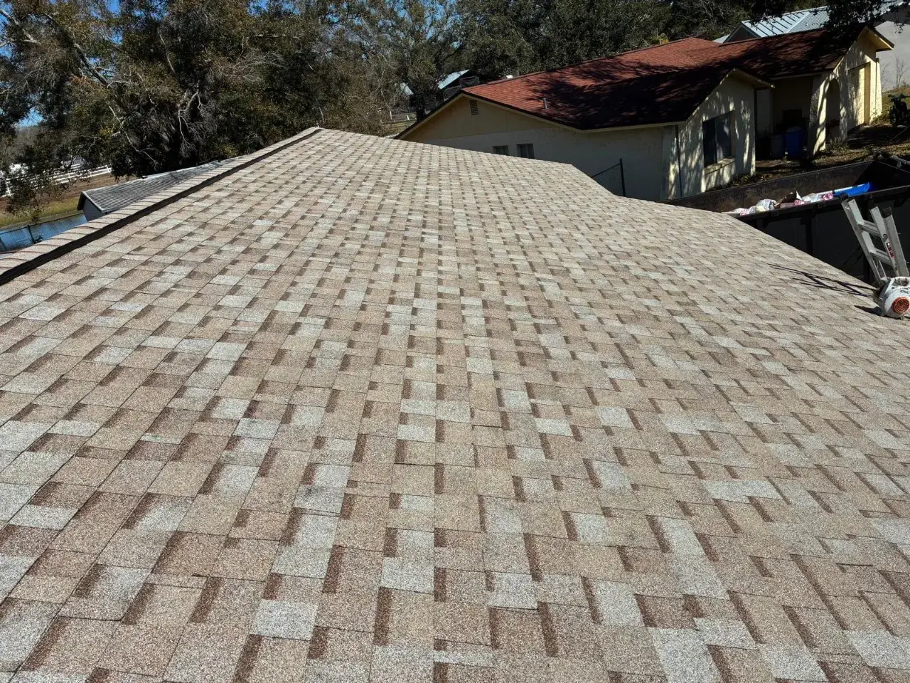 Contact Us Today Close-up of a residential roof covered in tan architectural shingles, with a neighboring house and trees behind it
